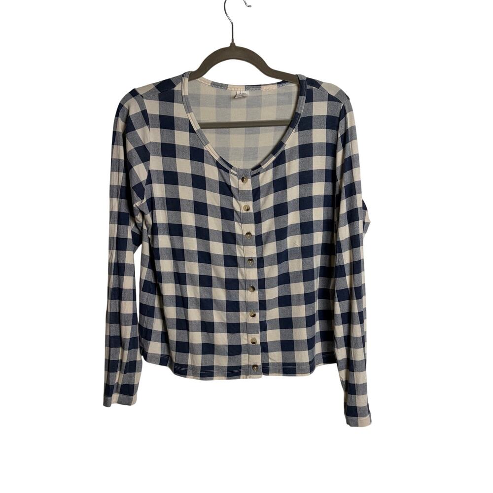 Kate Quinn Bamboo Gingham Plaid Button Up Blouse Top Long Sleeve Women's Large
